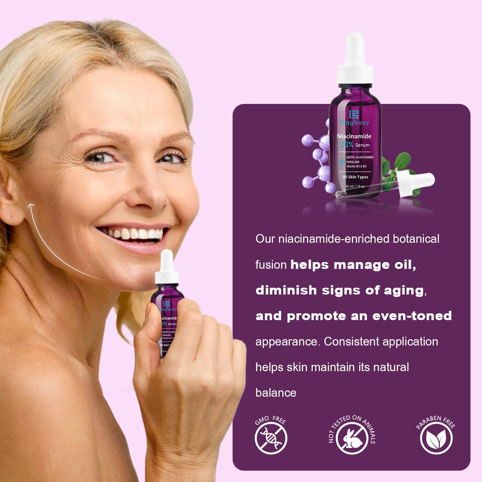 Bioglossy niacinamide serum close-up clarifies clarity and blemish reduction potential.