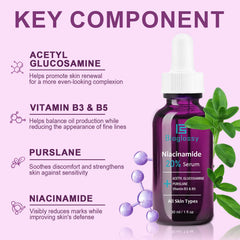 Bioglossy niacinamide serum ingredient visuals highlight hyaluronic acid for hydration.