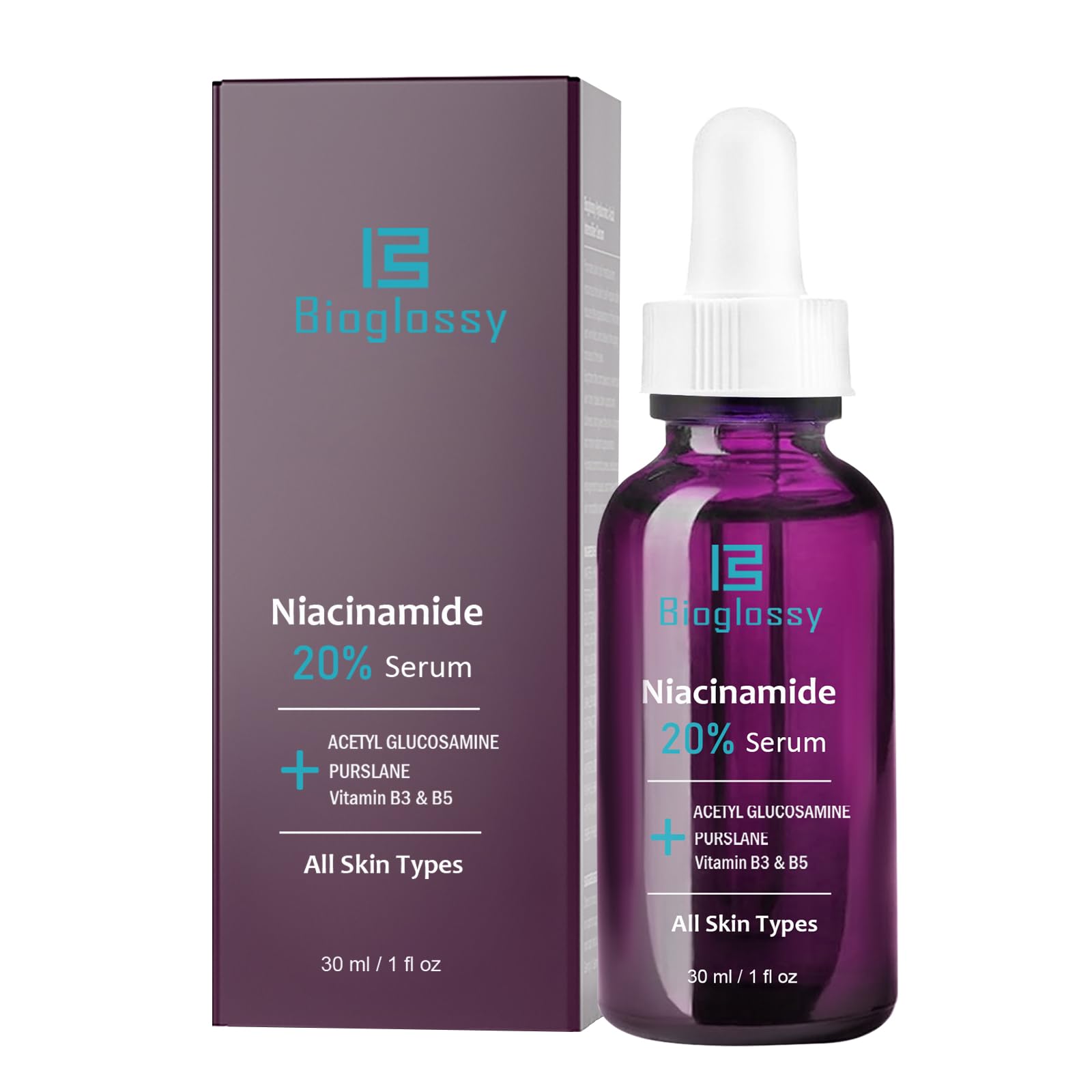 Bioglossy niacinamide serum packaging shot supports easy daily use and premium feel.