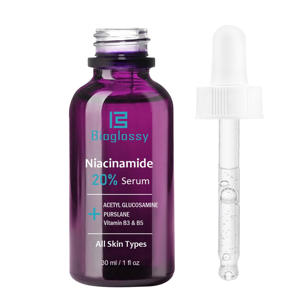Bioglossy niacinamide serum pore-refinement scene highlights smoother pores.