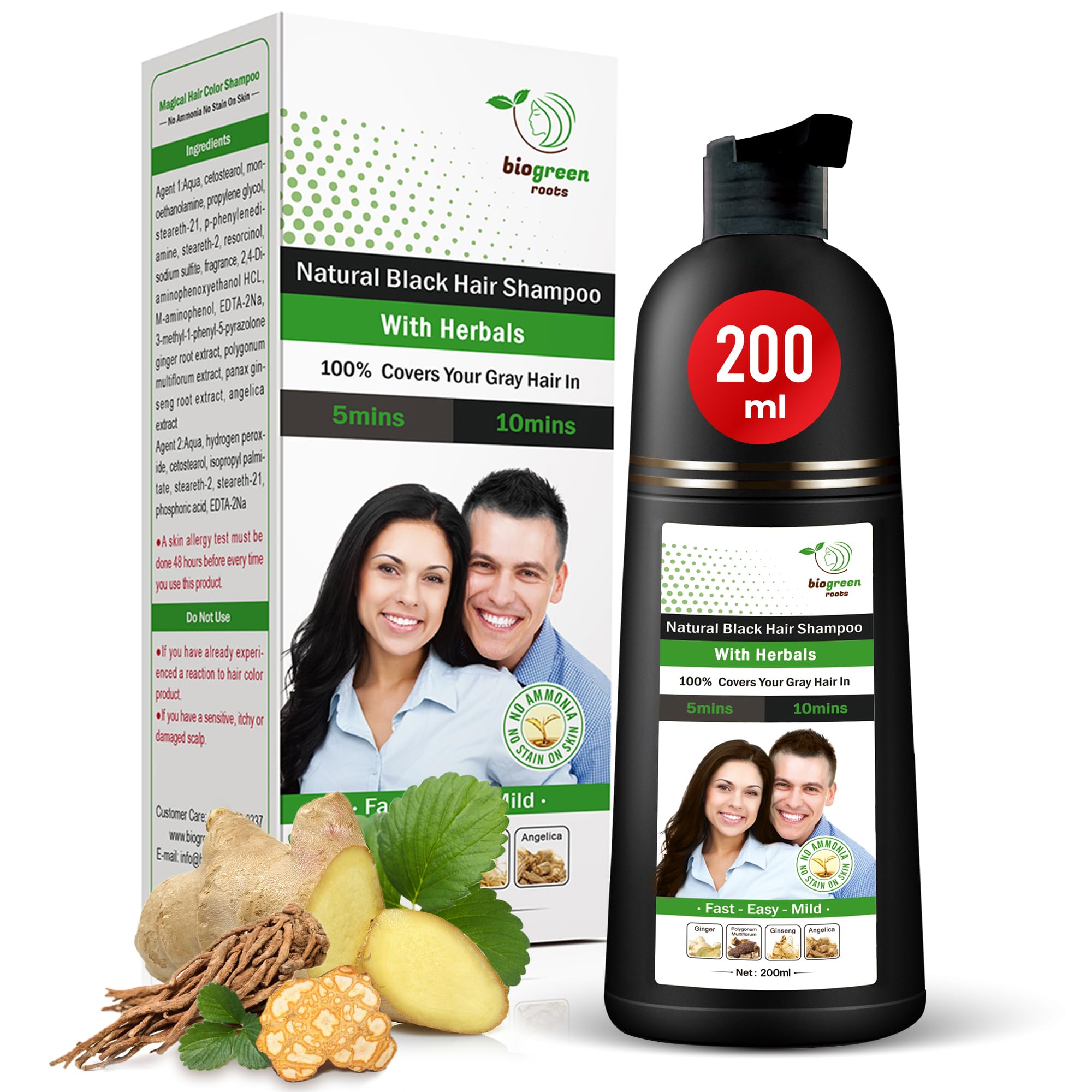 Biogreen Roots ammonia-free hair dye shampoo demonstrates color-application for natural black shade.