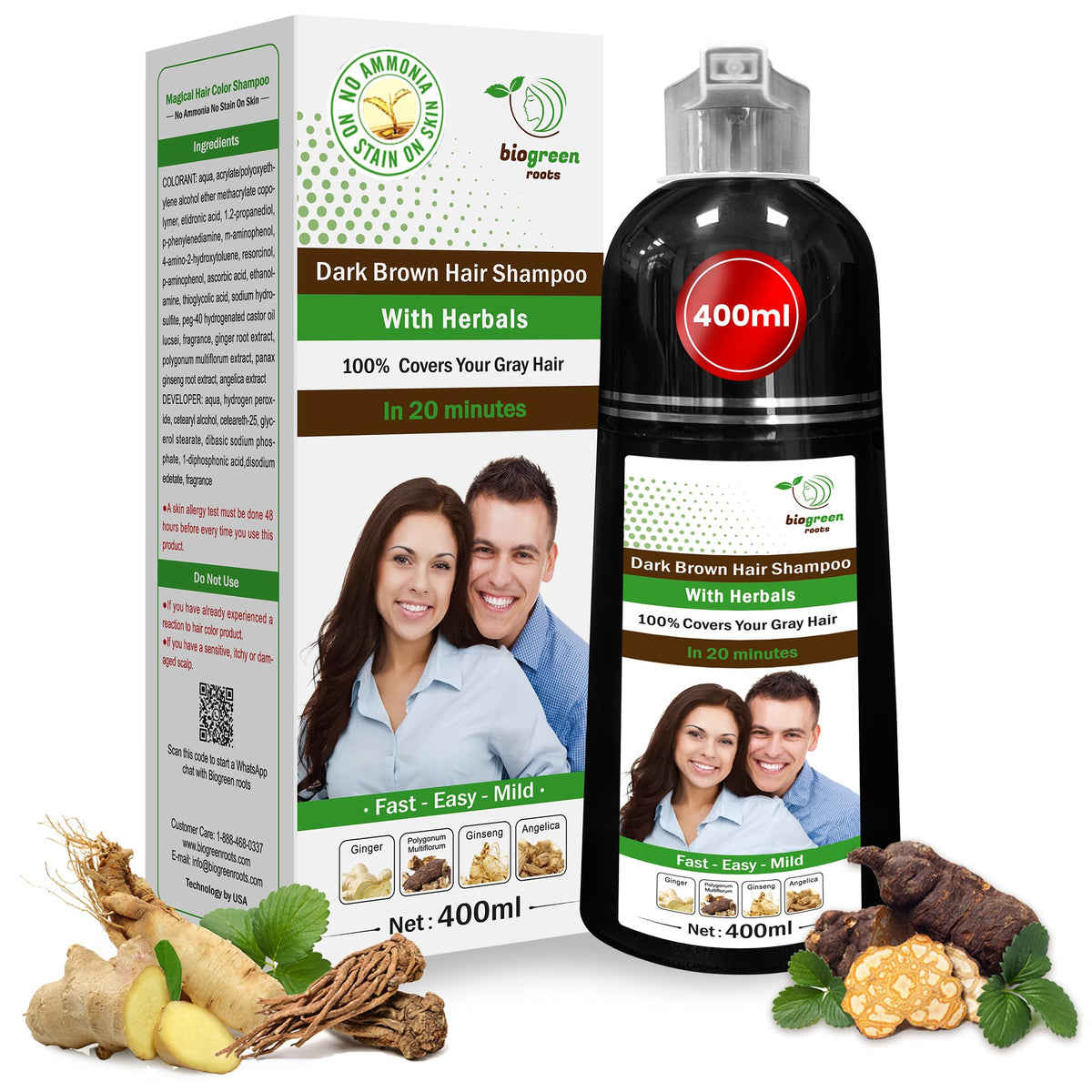 BIOGREEN ROOTS ammonia-free shampoo bottle promotes color nourishment.