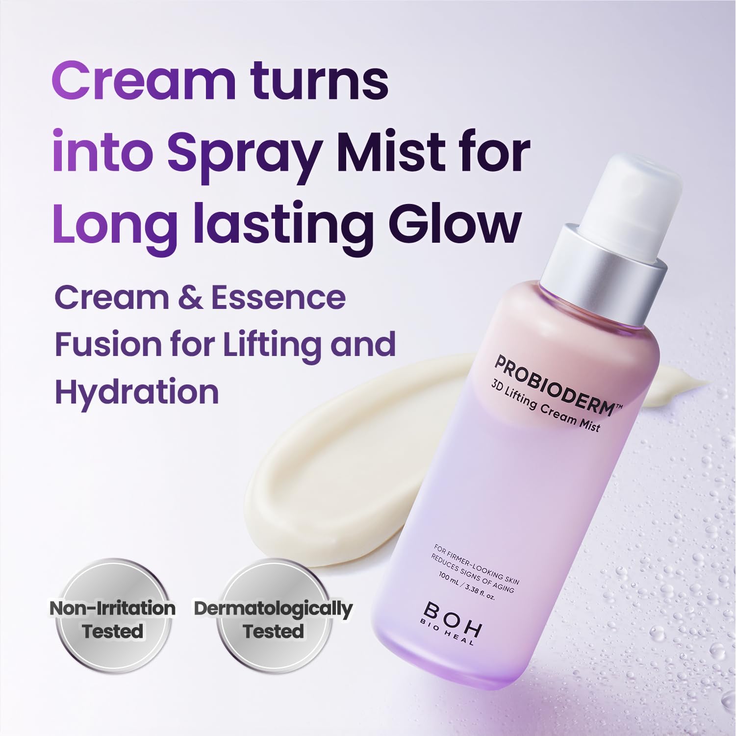 BIOHEAL BOH Probioderm 3D Lifting Cream Mist applied to the face delivers refreshing hydration.
