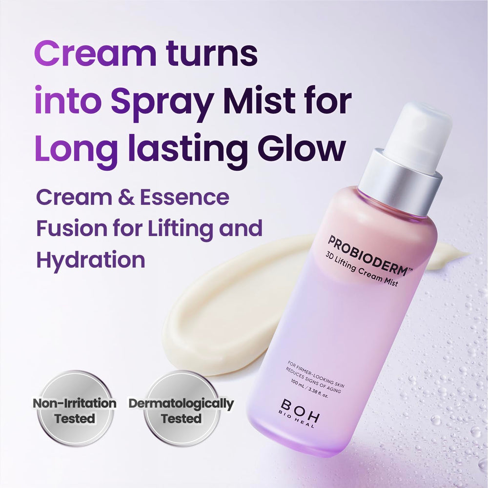 BIOHEAL BOH Probioderm 3D Lifting Cream Mist applied to the face delivers refreshing hydration.
