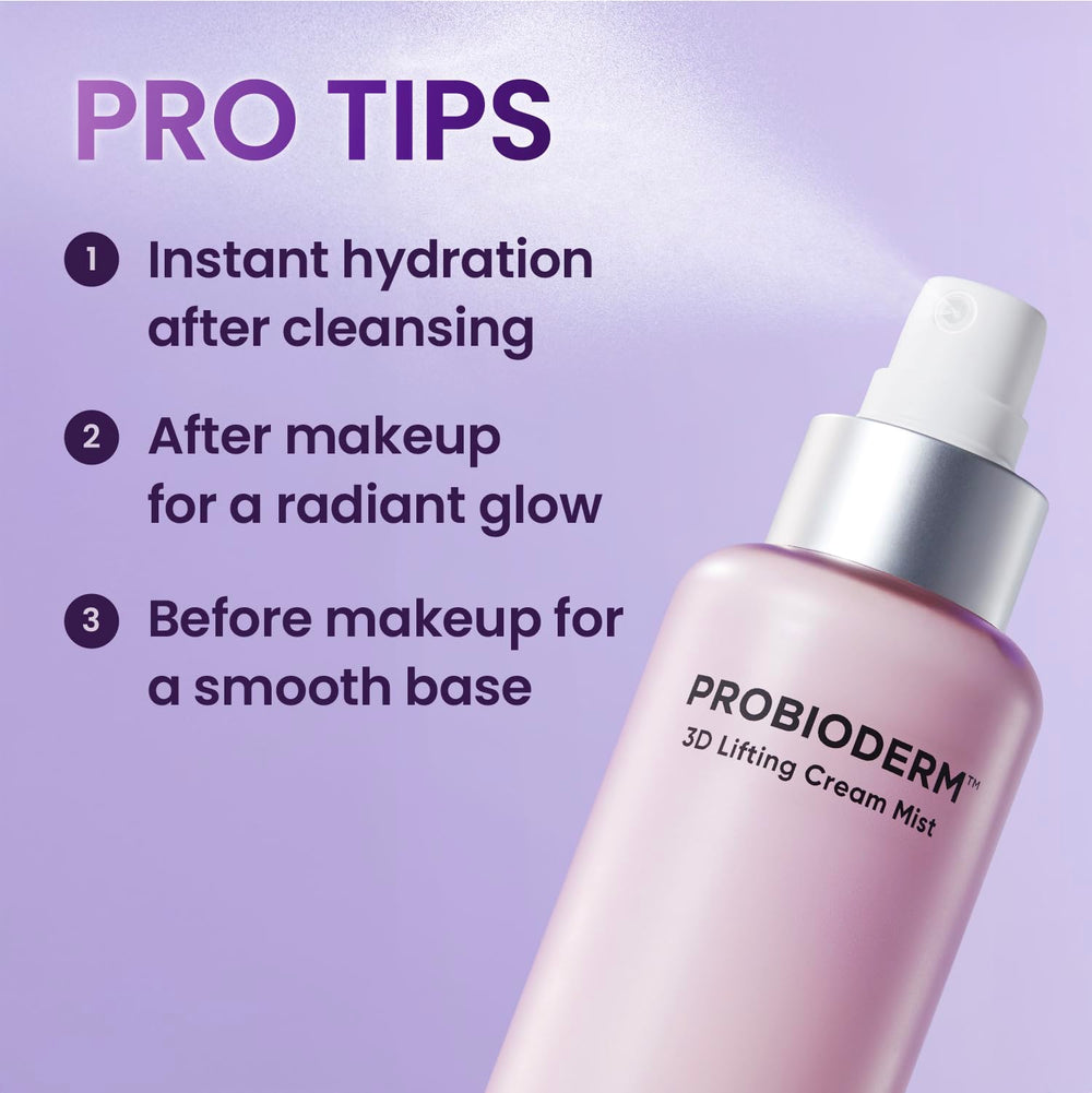 BIOHEAL BOH Probioderm 3D Lifting Cream Mist highlights probiotic ingredient imagery and skin support.