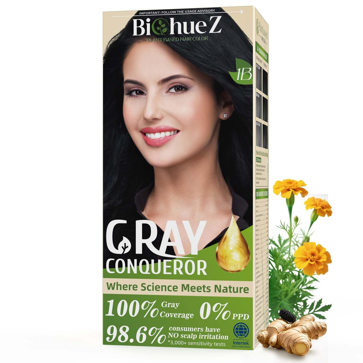 BioHueZ Obsidian Noir dye bottle pouring for a bold, even black result.