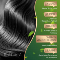 BioHueZ plant-powered formula closeup highlights safe botanical dyes for home use.