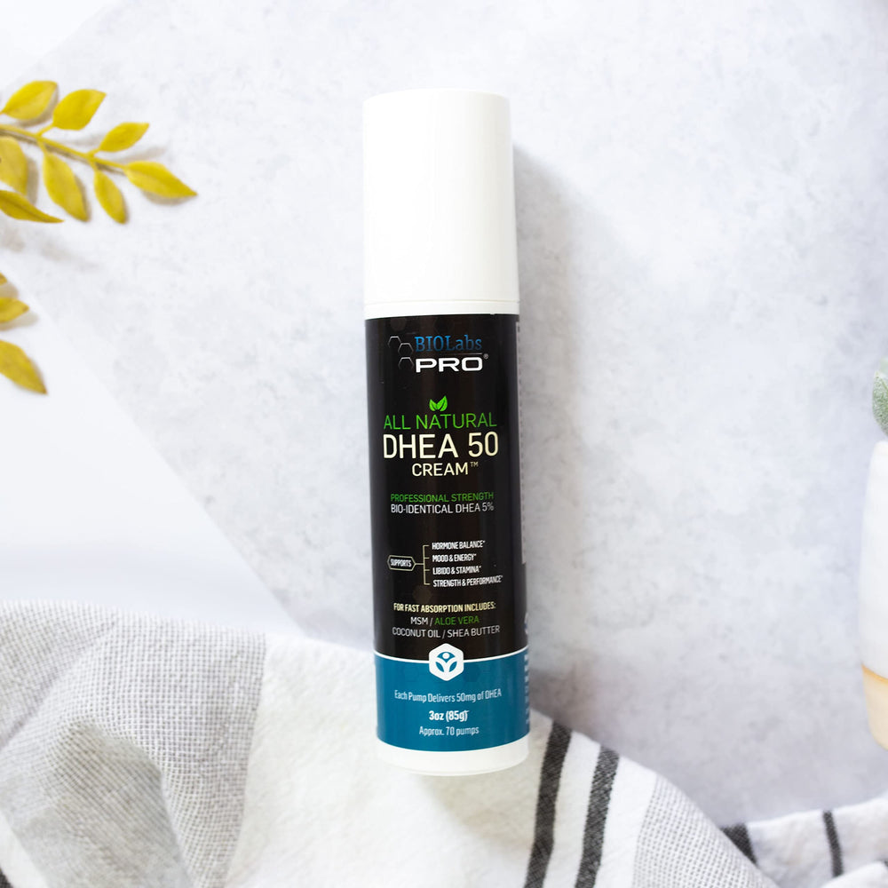 Biolabs PRO DHEA Cream pump dispenses 70 uses per bottle for daily routine.