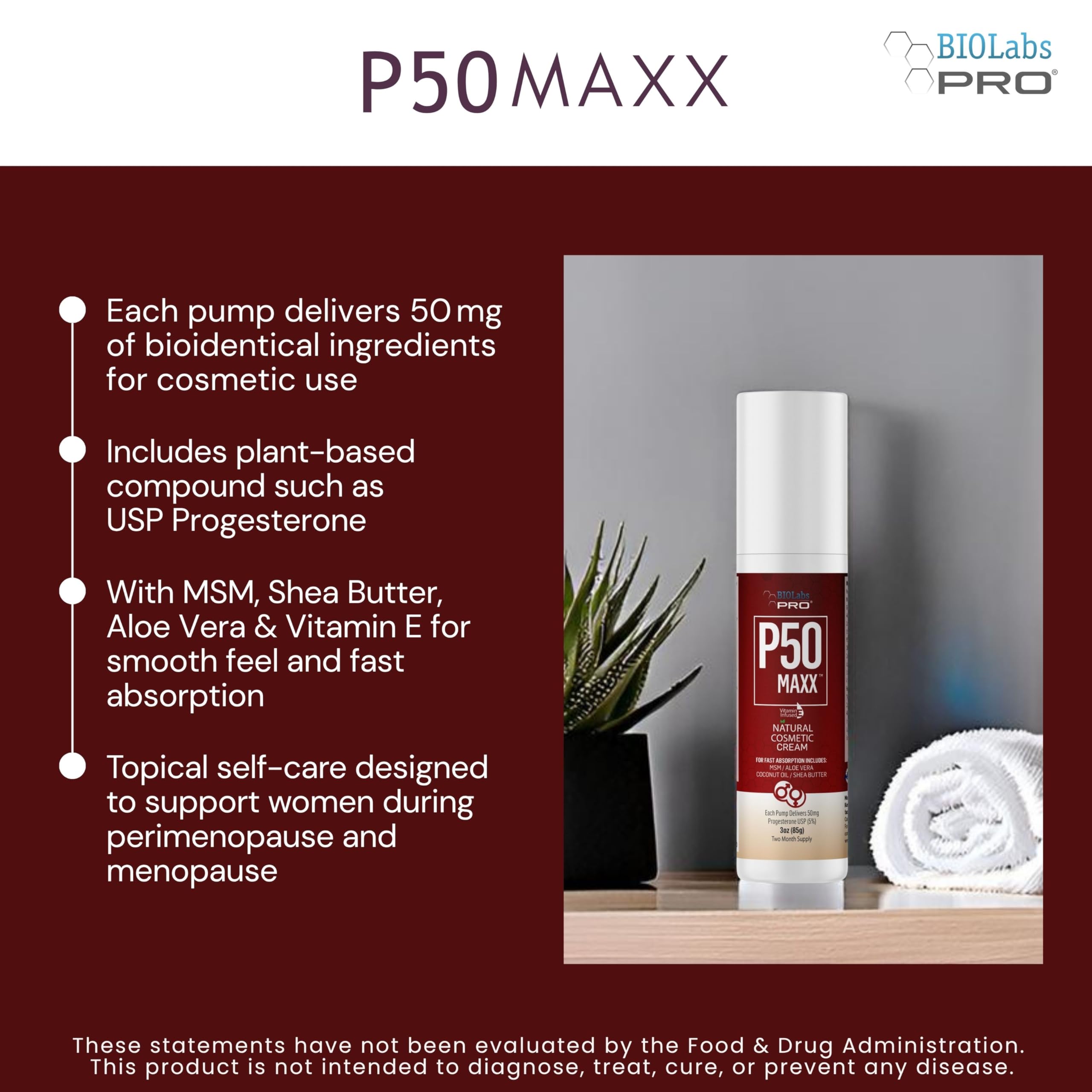 BIOLABS PRO P50 Maxx Cream label highlights dosage and unscented formula for clarity