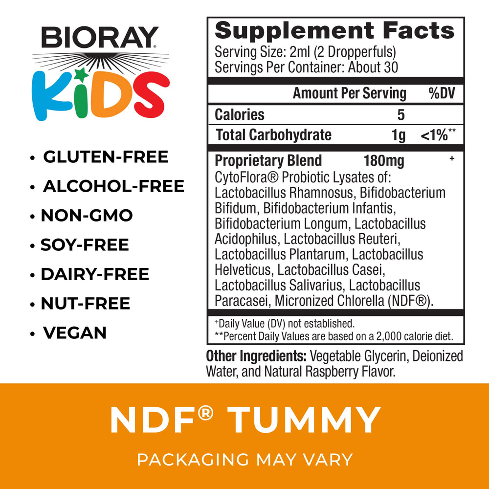 BIORAY NDF Tummy bottle side view with label and dropper details