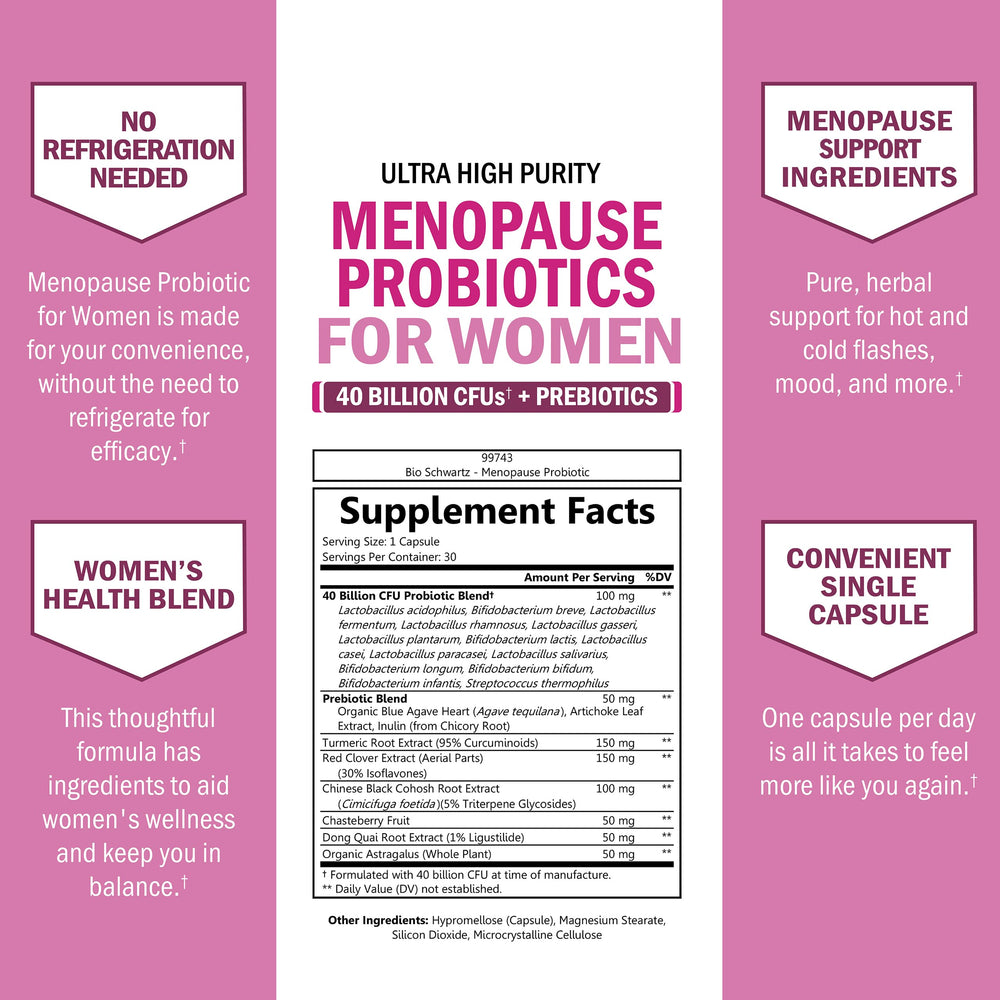 BioSchwartz Menopause Probiotics ingredients label reveals strains and herbal blend for balance.