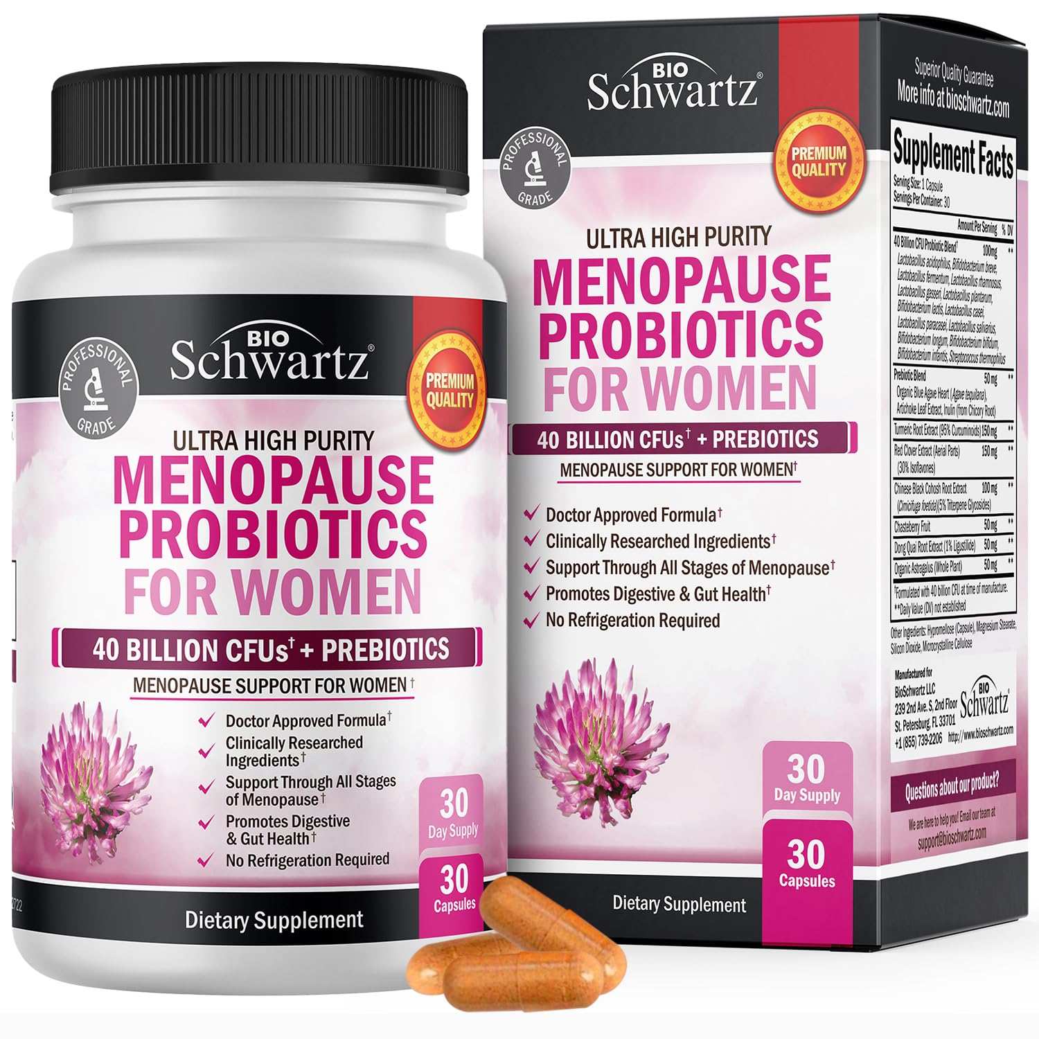BioSchwartz menopause probiotics bottle front—40B CFU, 14 strains, balance potential.