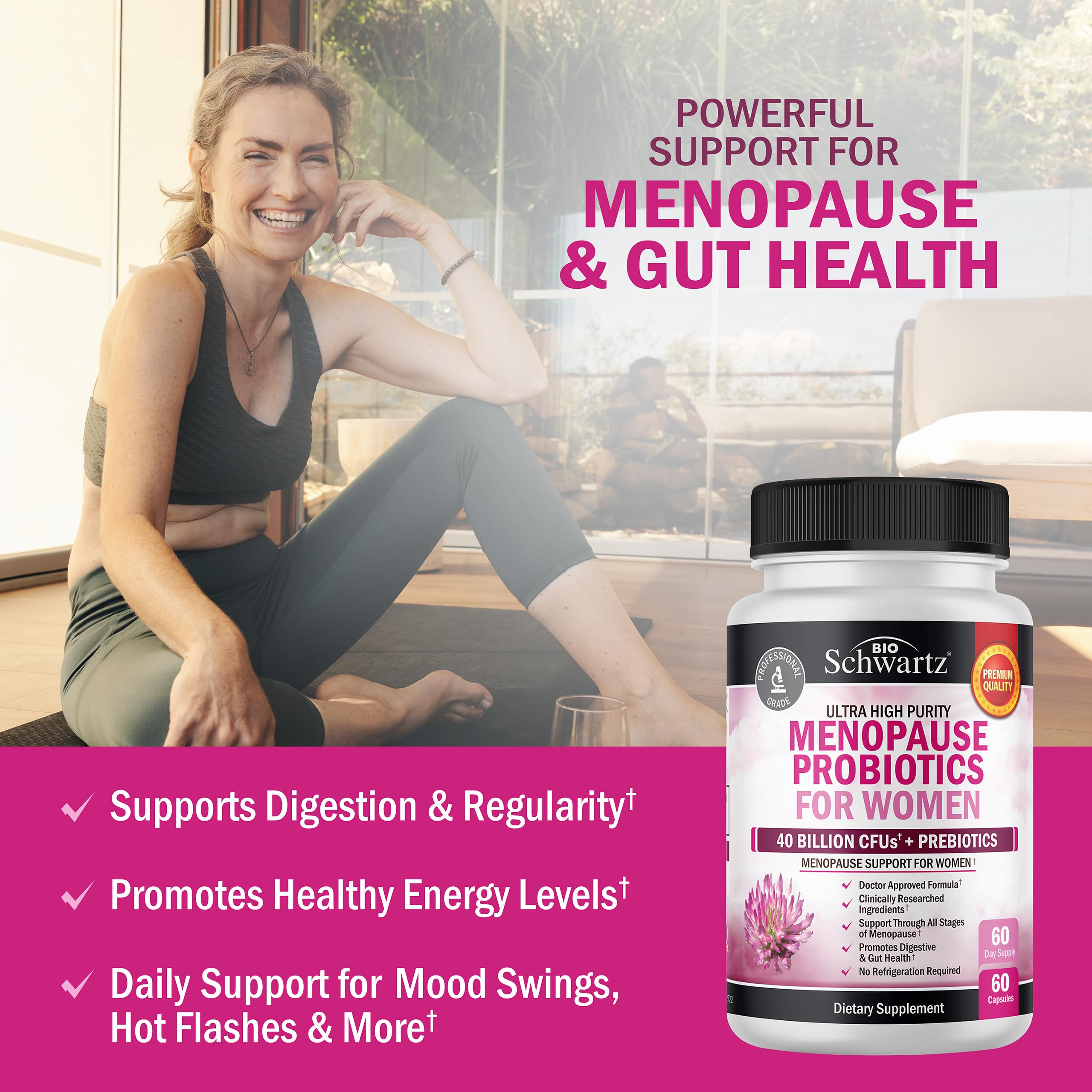 BioSchwartz menopause probiotics label highlights key ingredients for balance.