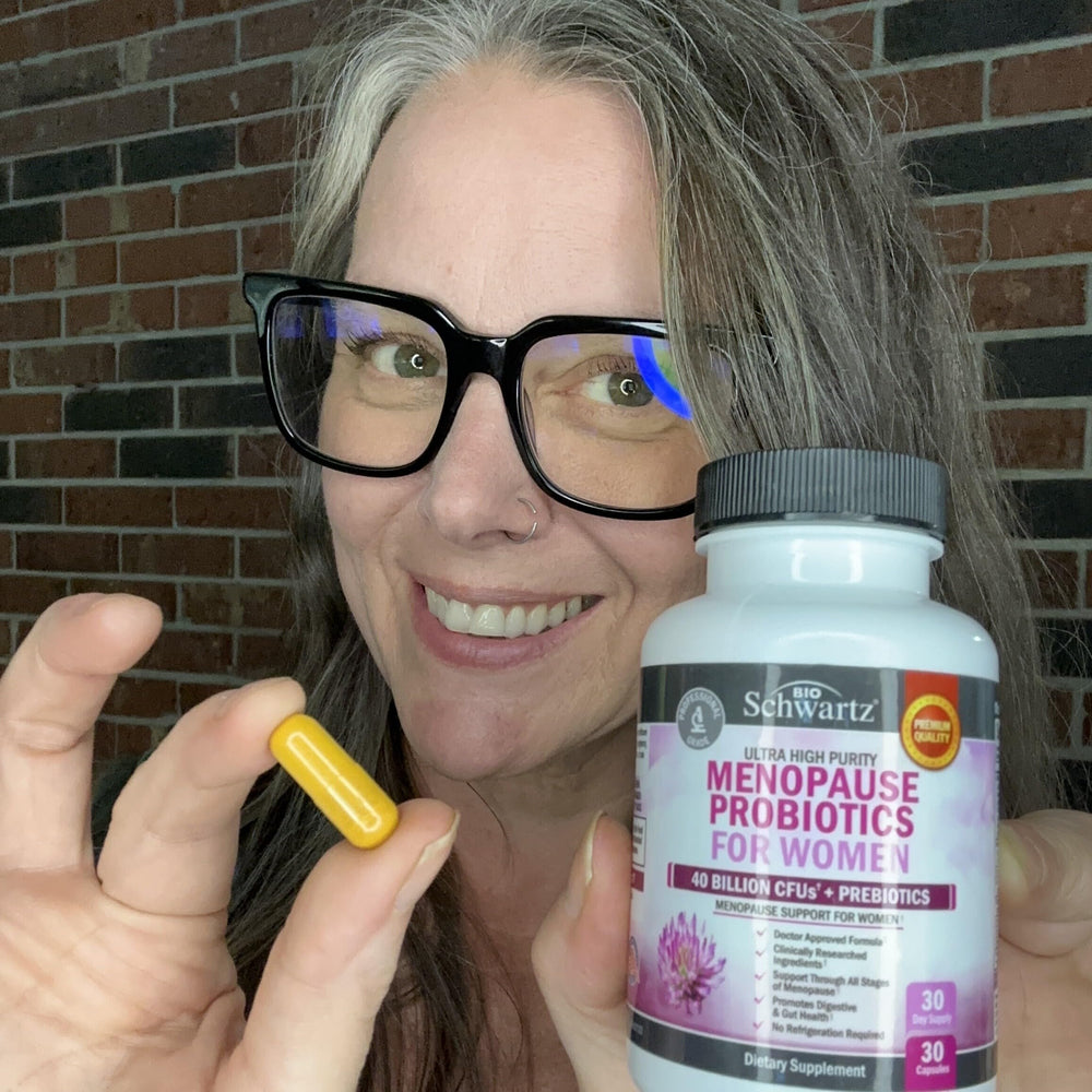 BioSchwartz menopause probiotics stability pack confirms shelf-stable formula.