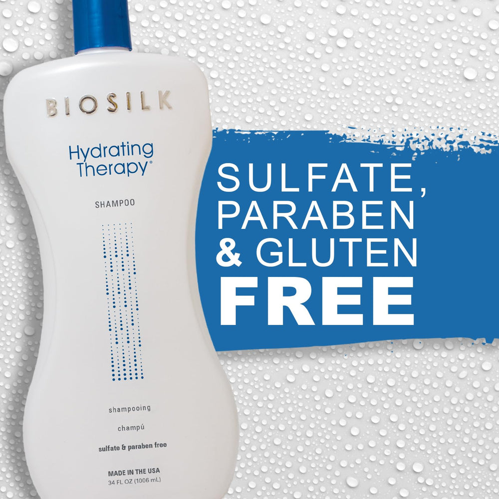BioSilk Hydrating Shampoo hair close-up shows smooth strands.