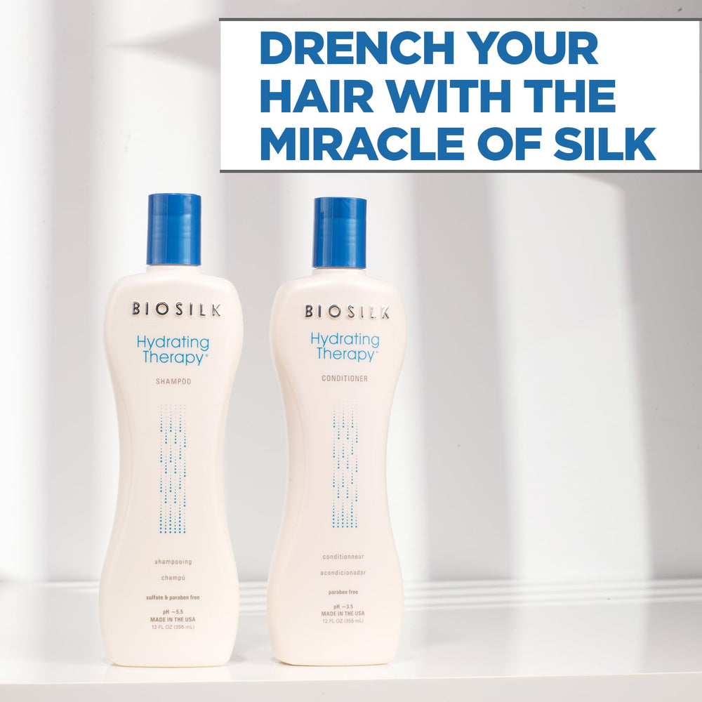 BioSilk Hydrating Therapy Conditioner squeeze showcases frizz control and smoother strands