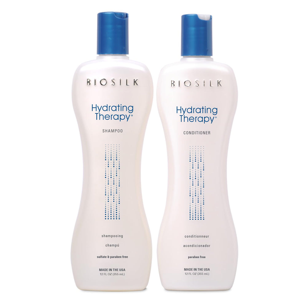 BioSilk Hydrating Therapy Shampoo pour bottle highlights intense moisture boost for dry hair