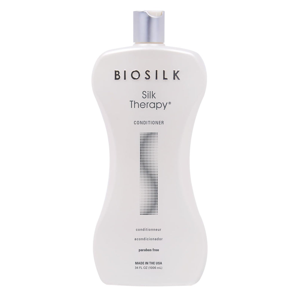 BioSilk Silk Therapy Conditioner bottle front enhances shine and moisture for smooth hair