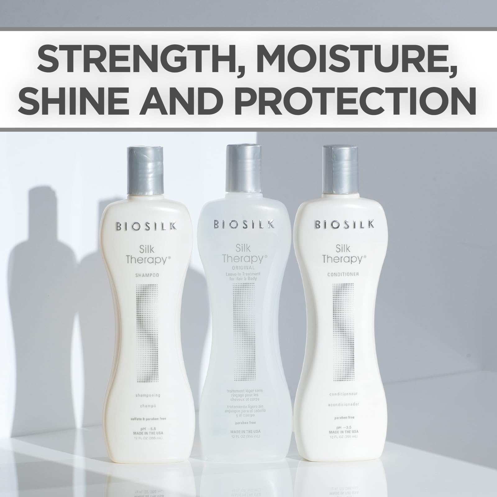 BioSilk Silk Therapy Conditioner bottle emphasizes lightweight conditioning and body.