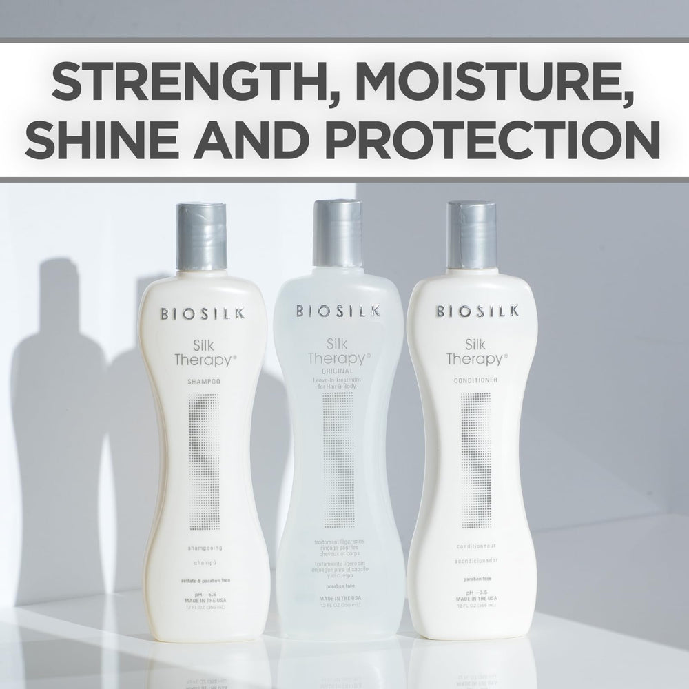 BioSilk Silk Therapy Conditioner bottle emphasizes lightweight conditioning and body.
