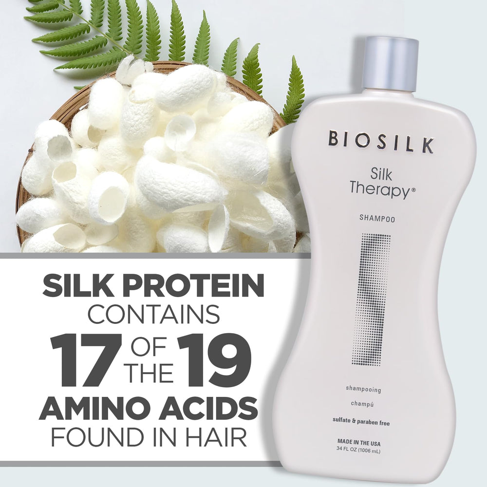 BioSilk Silk Therapy Shampoo shown with conditioner pair for smoother results.