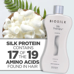 BioSilk Silk Therapy Shampoo shown with conditioner pair for smoother results.