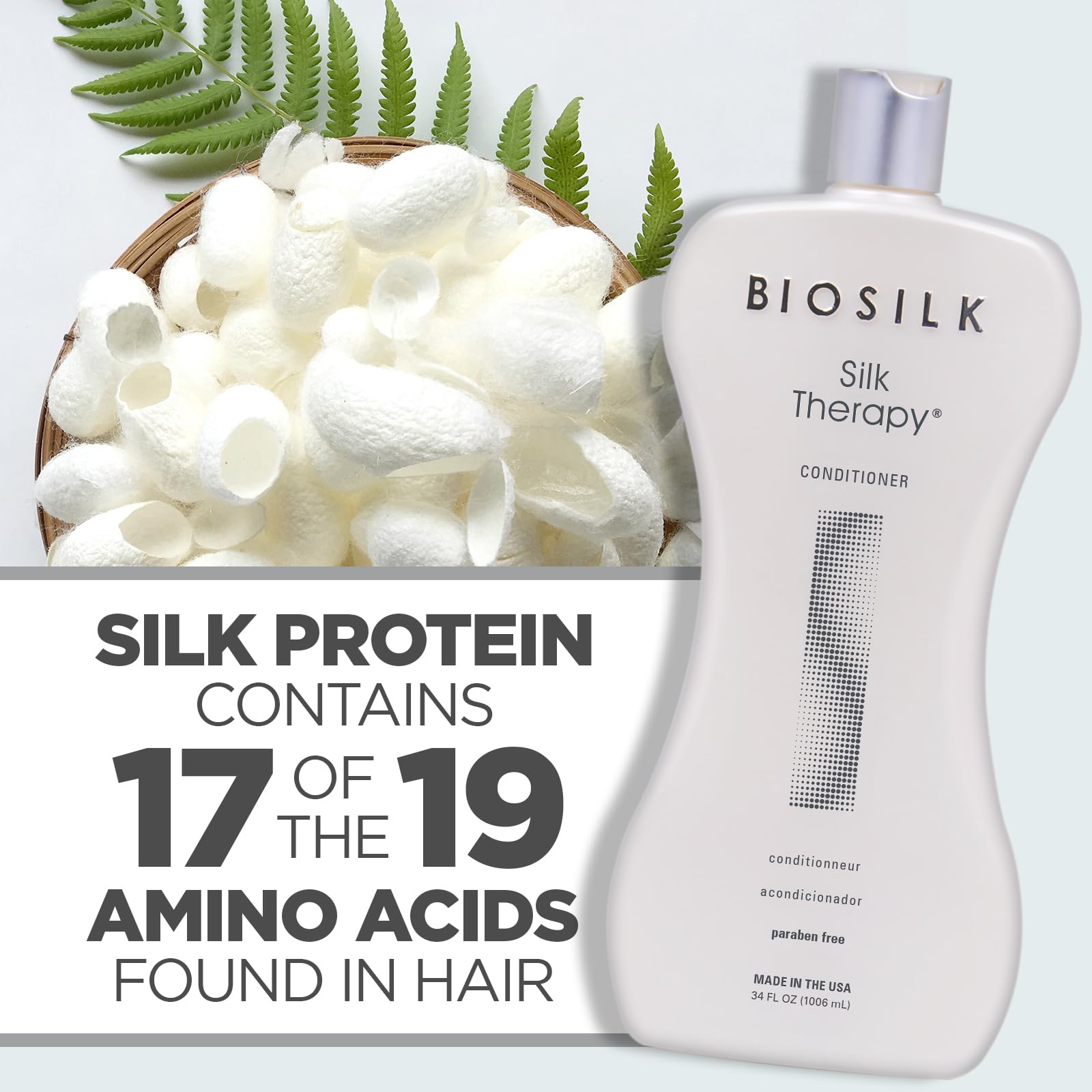 BioSilk Silk Therapy Conditioner close-up emphasizes silk proteins for softness