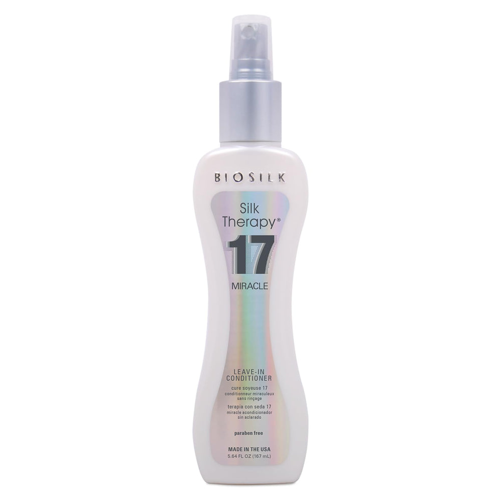 BioSilk Silk Therapy Miracle 17 leave-in bottle showing hydration and silky shine