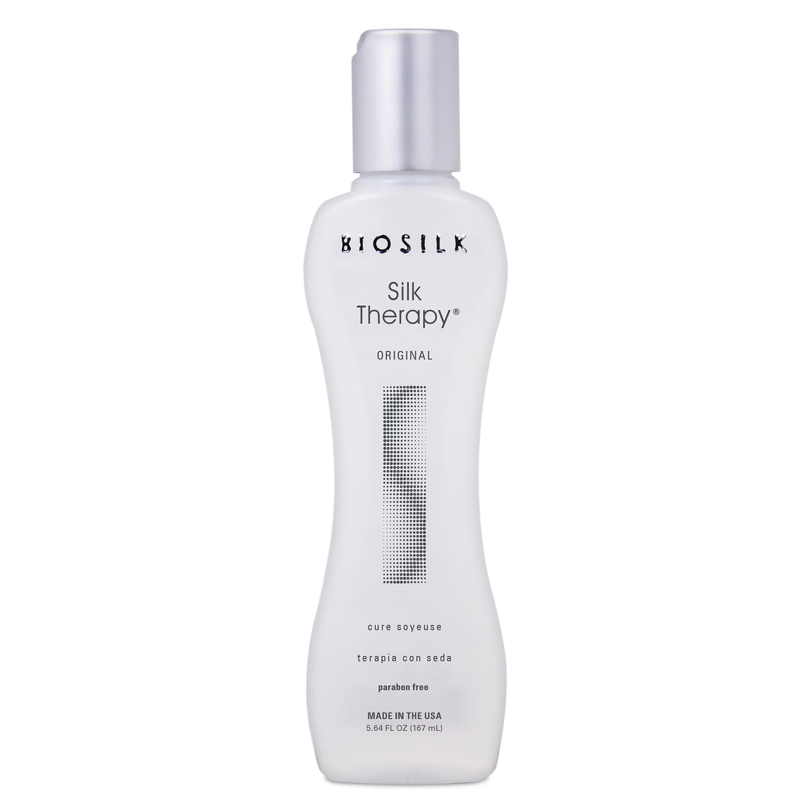 BioSilk Silk Therapy Original bottle showing weightless shine for all hair types.