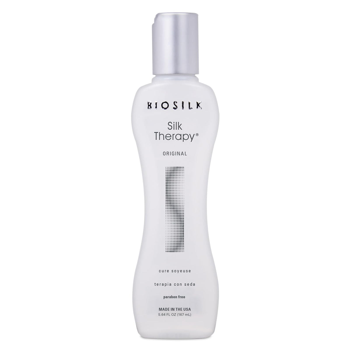 BioSilk Silk Therapy Original bottle showing weightless shine for all hair types.