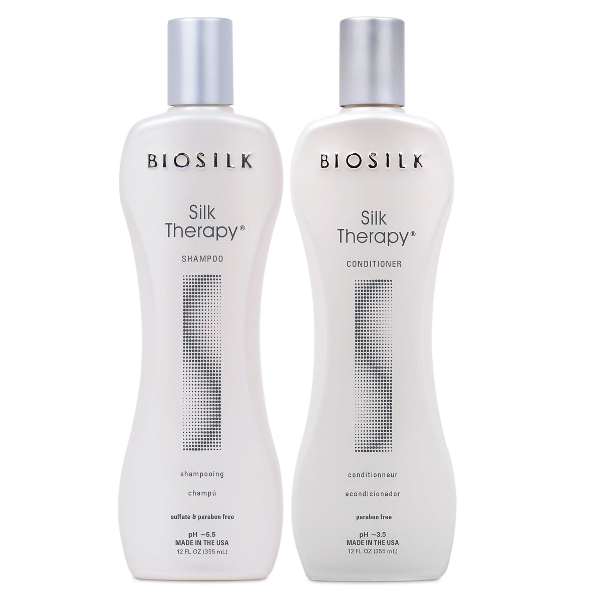 BioSilk Silk Therapy shampoo bottle pour for gentle cleansing and shine.