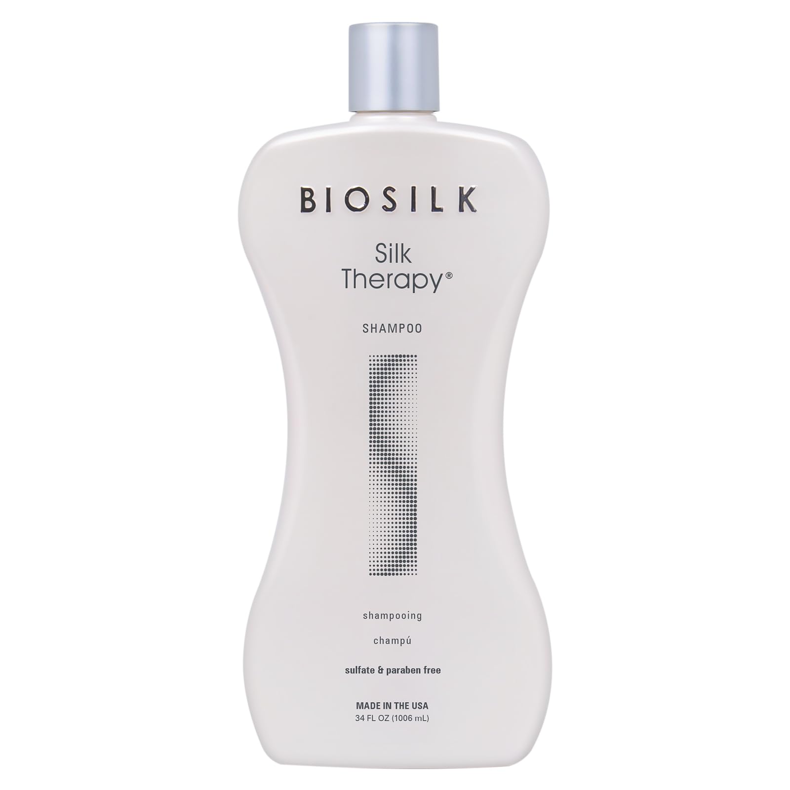 BioSilk Silk Therapy Shampoo bottle ready for use delivering gentle cleanse and shine.