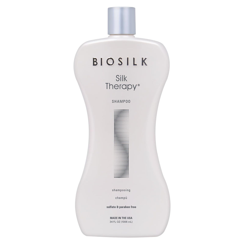 BioSilk Silk Therapy Shampoo bottle ready for use delivering gentle cleanse and shine.
