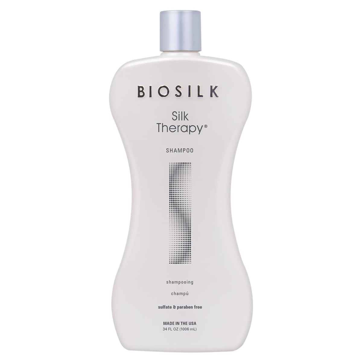 BioSilk Silk Therapy Shampoo bottle ready for use delivering gentle cleanse and shine.