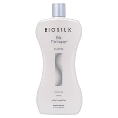 BioSilk Silk Therapy Shampoo bottle ready for use delivering gentle cleanse and shine.