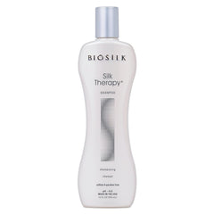 BioSilk Silk Therapy Shampoo bottle shows shiny, manageable hair result.
