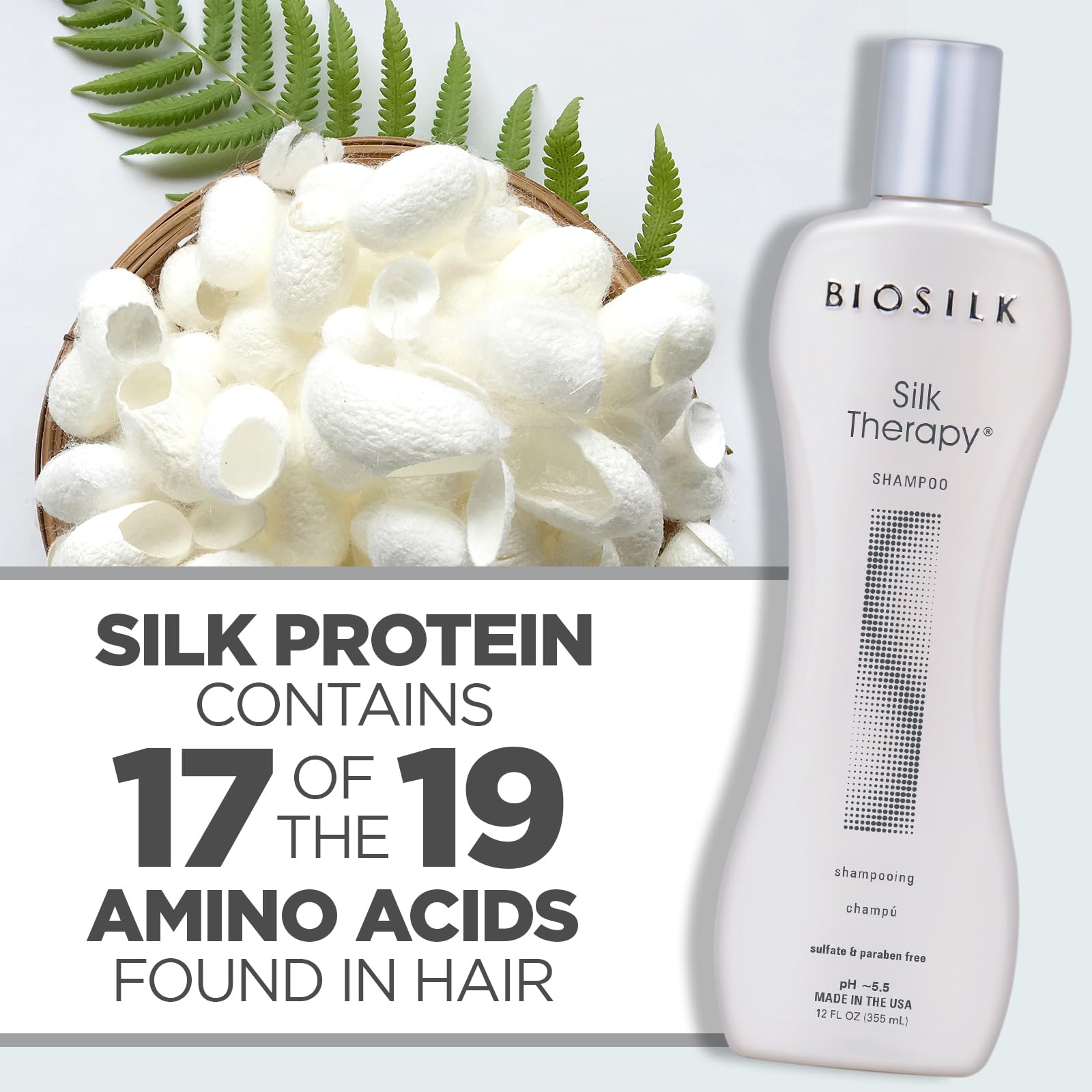 BioSilk Silk Therapy Shampoo packaging highlights sulfate- and parabens- free, cruelty-free benefits.