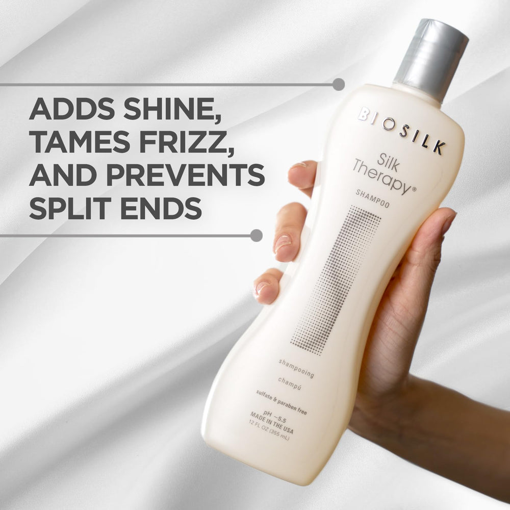 BioSilk Silk Therapy Shampoo silk proteins visible for healthy shine and softness.