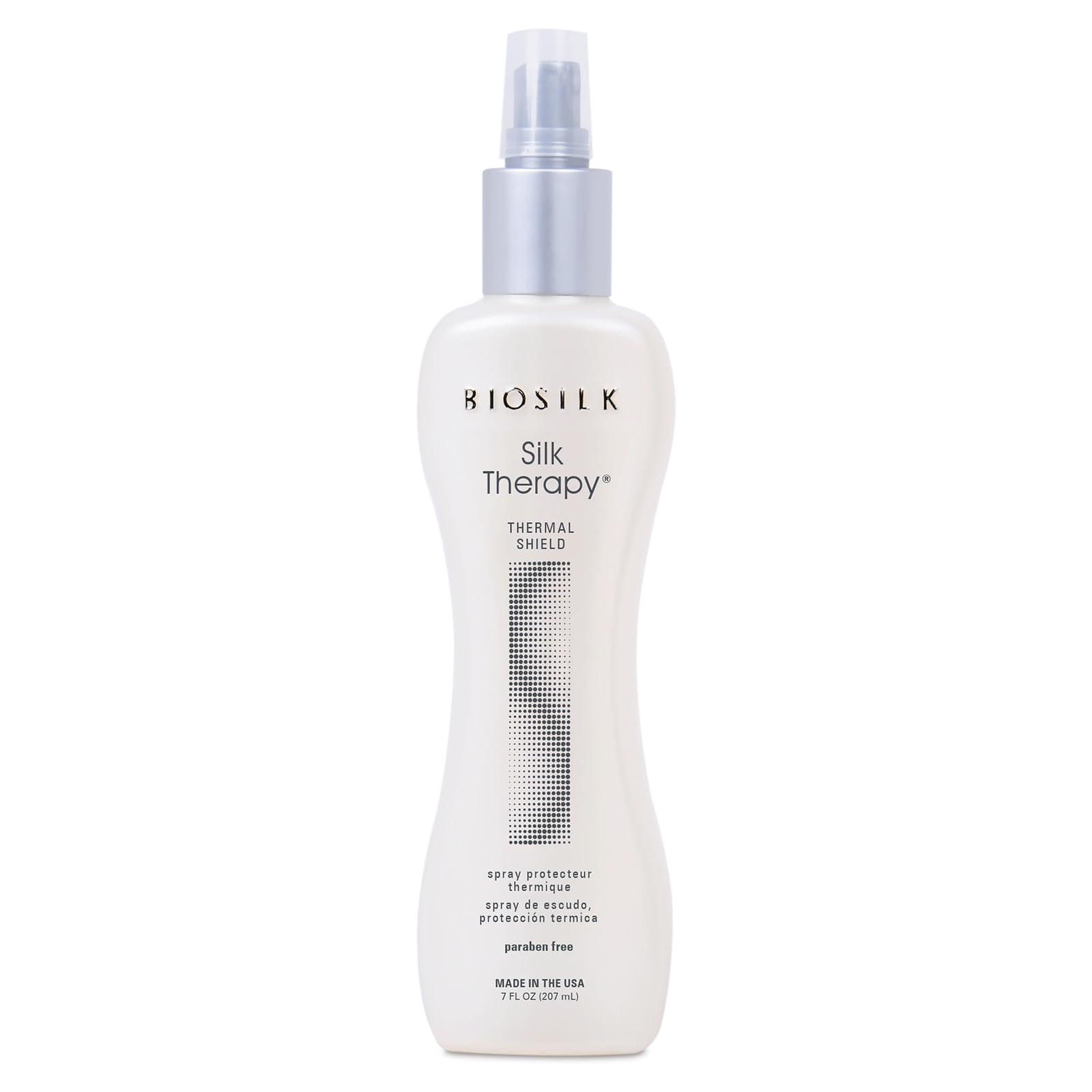 BioSilk Silk Therapy Thermal Shield spray bottle demonstrates heat protection for smooth styling.