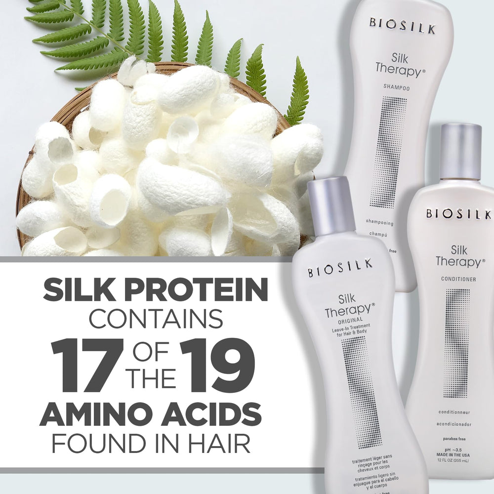 BioSilk Silk Therapy trio in use for everyday haircare and shine.