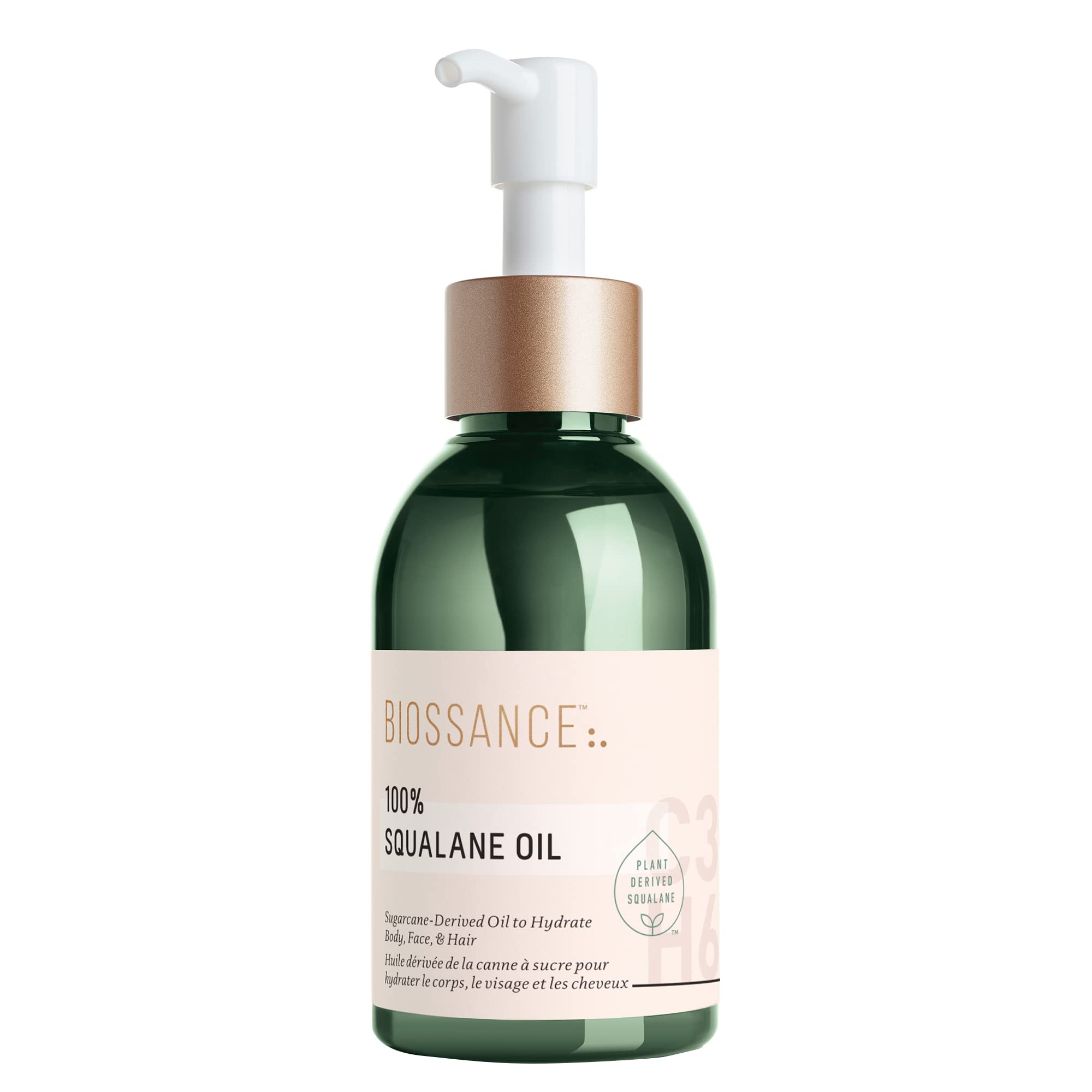 BIOSSANCE 100% Squalane Oil bottle closeup with lightweight hydration.