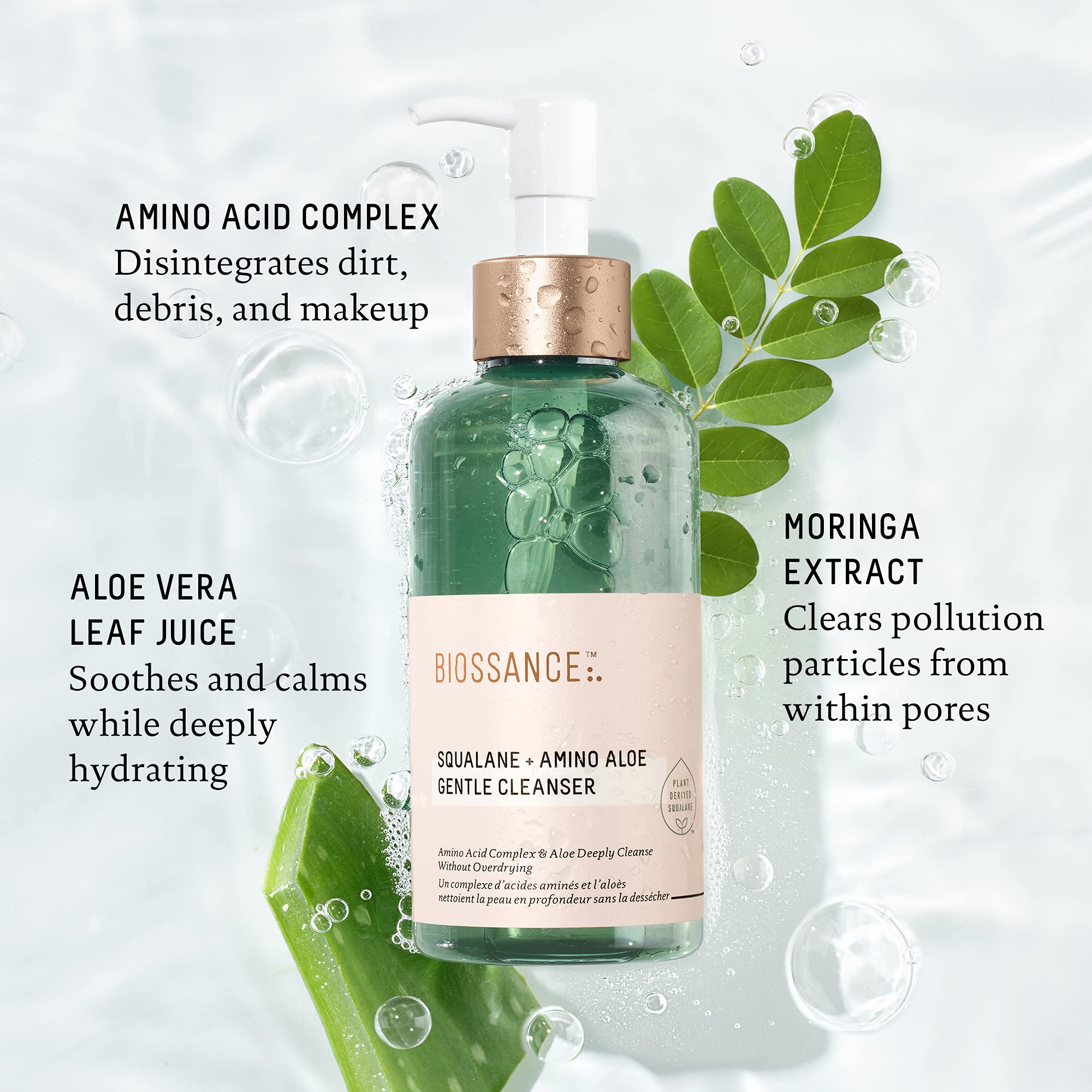 BIOSSANCE aloe vera soothes sensitive skin during daily cleansing.