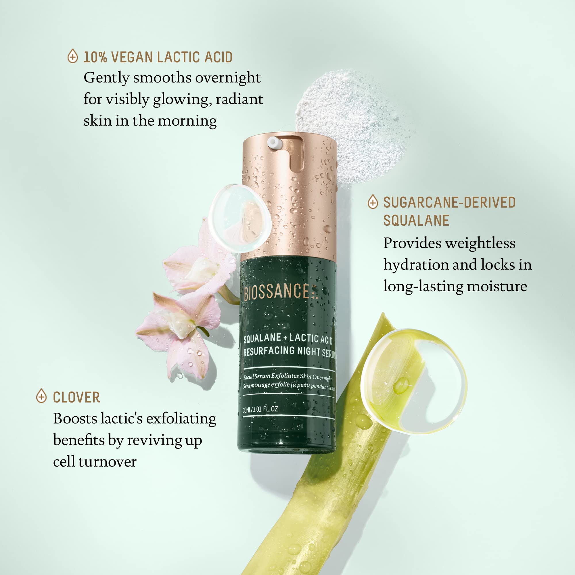 BIOSSANCE serum on skin during application for smoother, radiant texture.