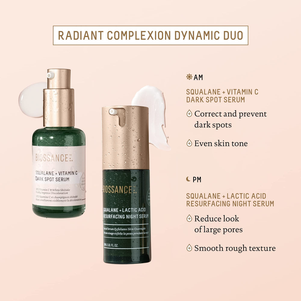BIOSSANCE packaging on a softly lit shelf suggests premium nightly exfoliant.
