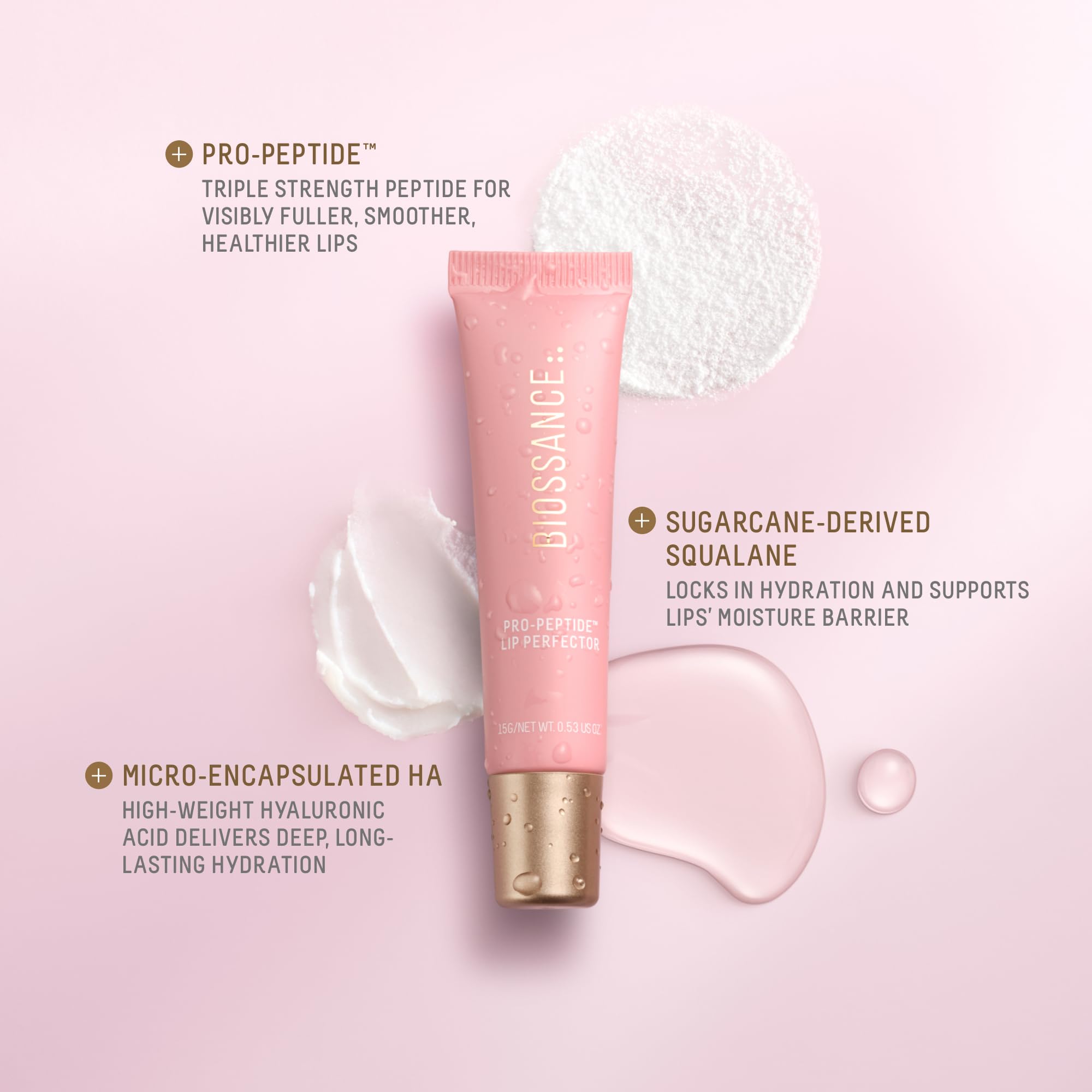 BIOSSANCE Pro-Peptide Lip Perfector on lips with blush quartz tint