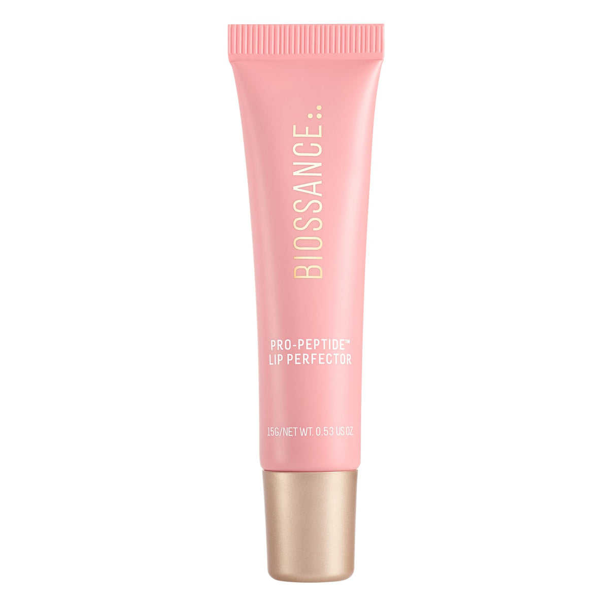 BIOSSANCE Pro-Peptide Lip Perfector packaging closeup shows vegan hydration benefits