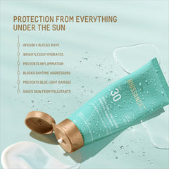 Biossance SPF30 sunscreen lotion close-up showing broad-spectrum protection.