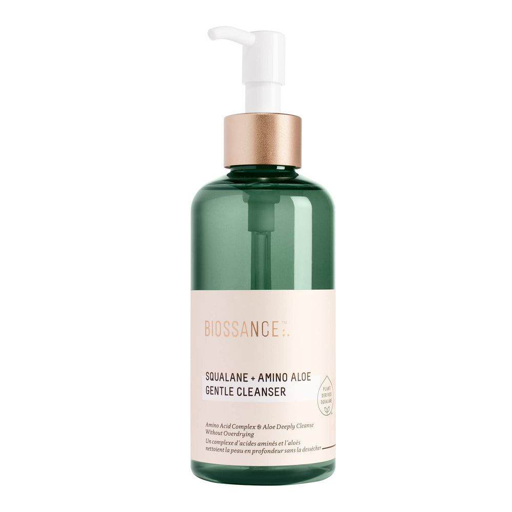 BIOSSANCE Squalane + Amino Aloe Gentle Cleanser bottle delivers a hydrating foaming cleanse.