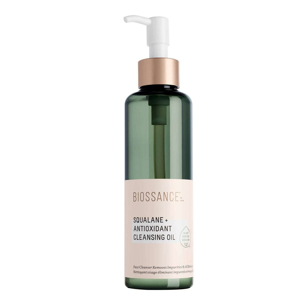 Biossance Squalane Cleansing Oil bottle pour shows gentle makeup removal and hydrating cleanse.