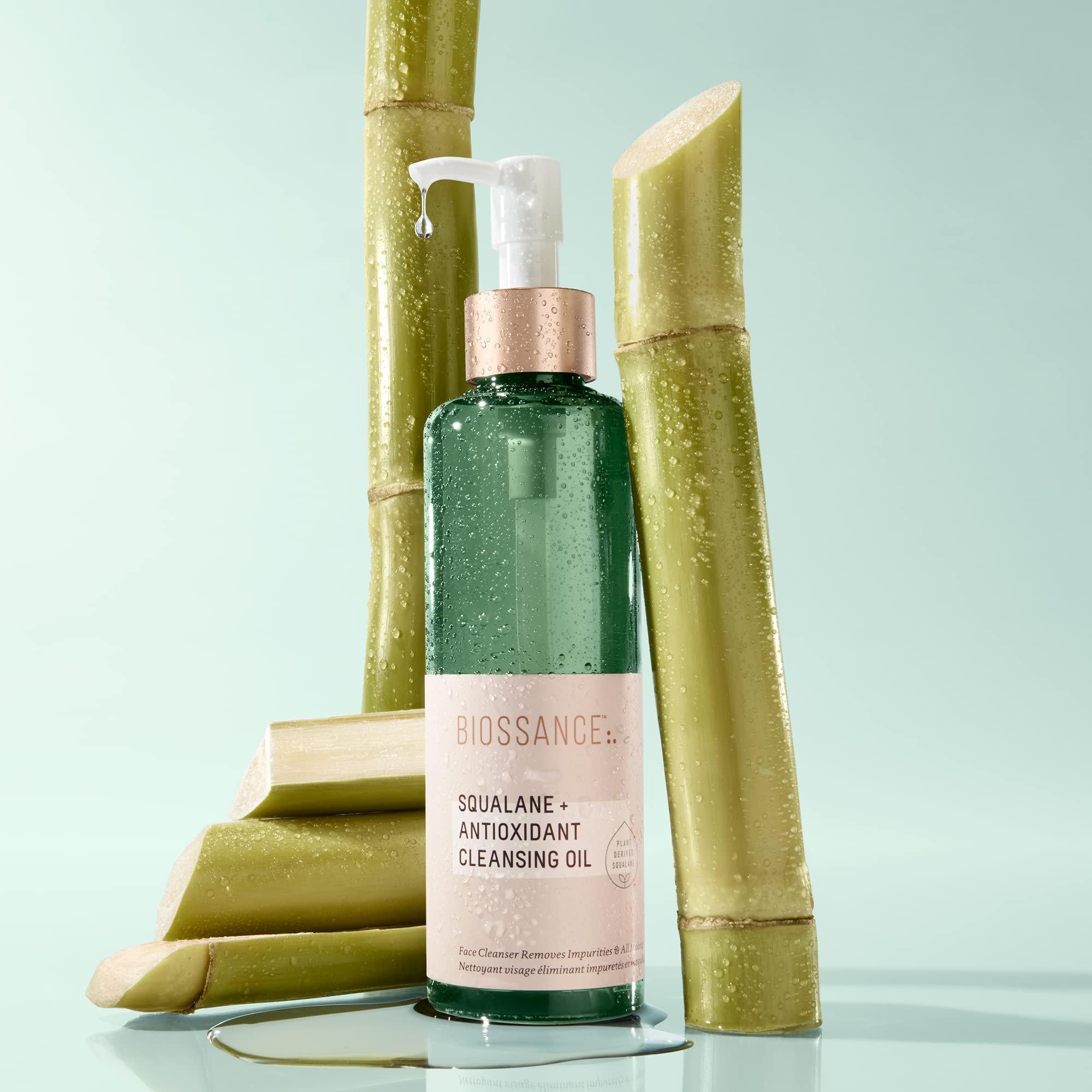 Biossance Squalane Cleansing Oil dispensing cap shows quick, residue-free makeup removal.